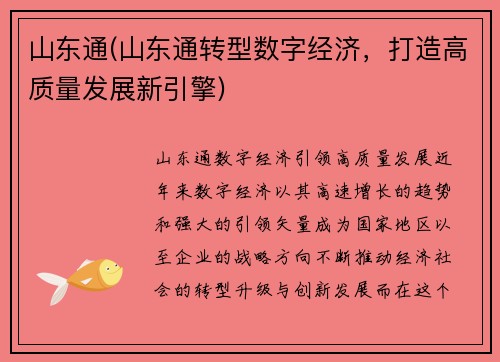 山东通(山东通转型数字经济，打造高质量发展新引擎)